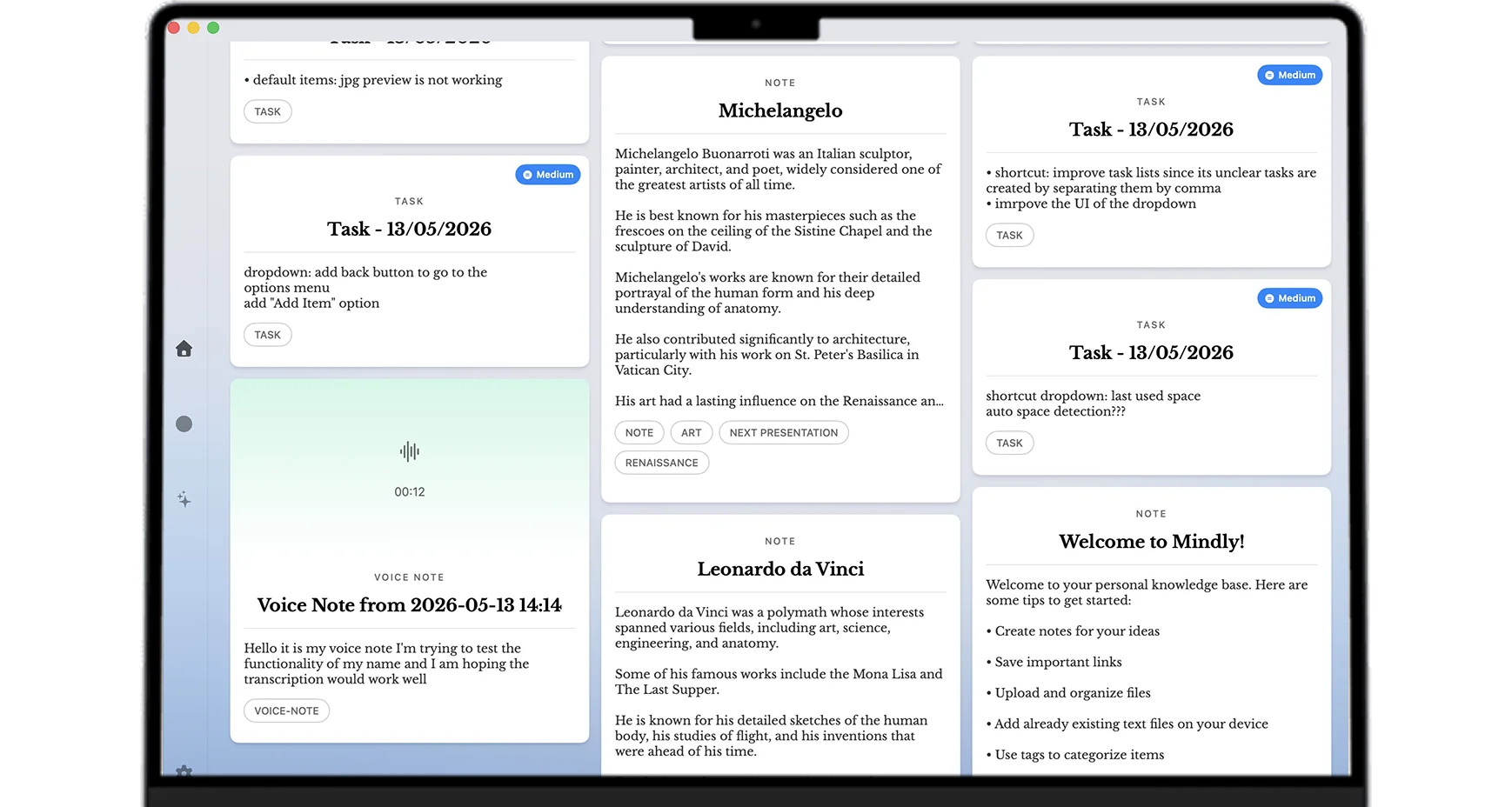 Mindly app showing notes, links, and files organized in your second brain