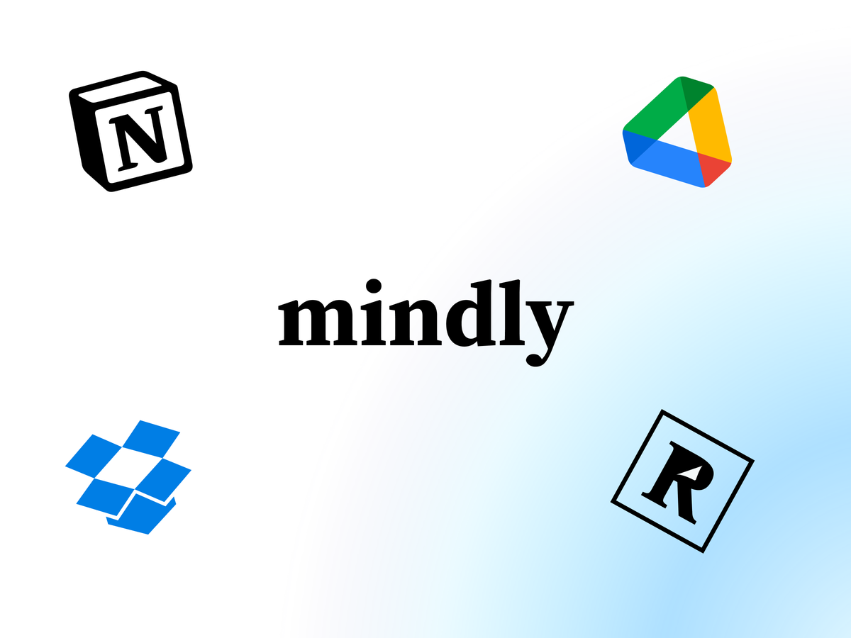 Notion, Google Drive, Dropbox, and Readwise connected to Mindly